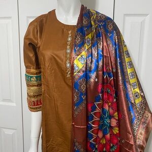 Brown and Multicolor Traditional Dress with Shawl